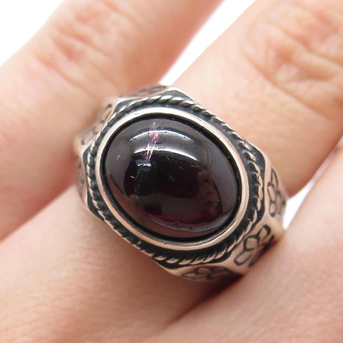 925 Sterling SIlver Vintage Real Tourmaline Lotus Ring Size 7.5 (cracked stone)