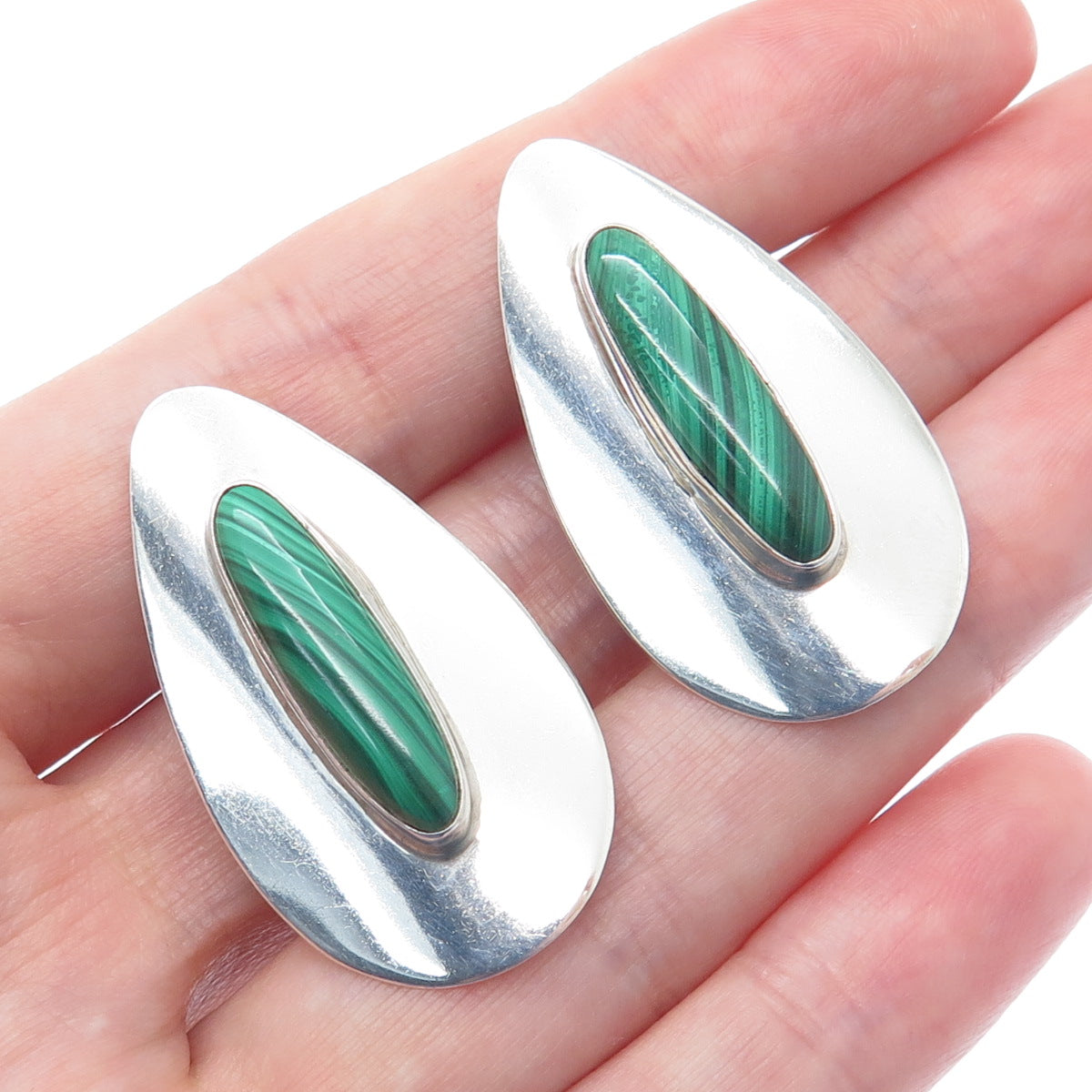 JIMMY PATTERSON NAVAJO Old Pawn 925 Sterling Vintage Malachite Clip On Earrings