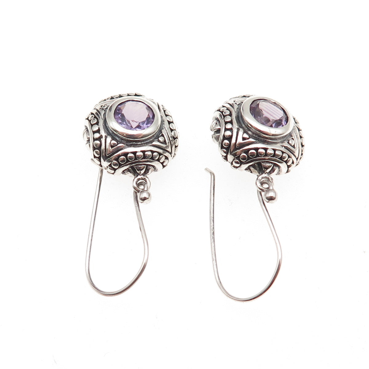 925 Sterling Silver Vintage Real Amethyst Dotted Oxidized Dangle Earrings