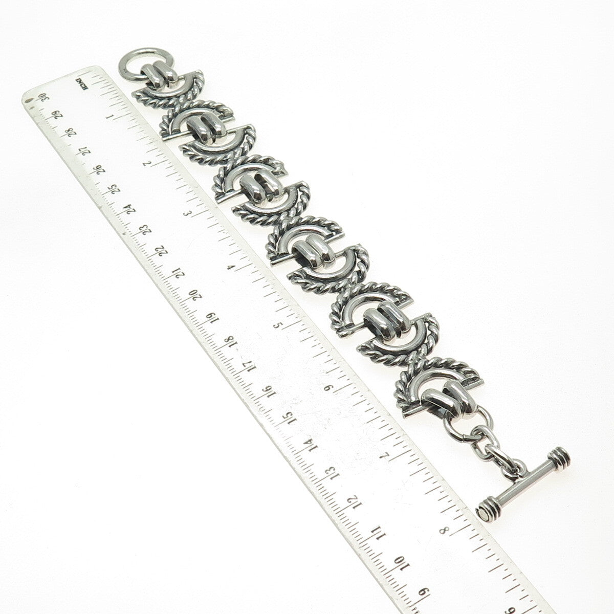 925 Sterling Silver Vintage Crescent Roped Oxidized Link Bracelet 7.25"