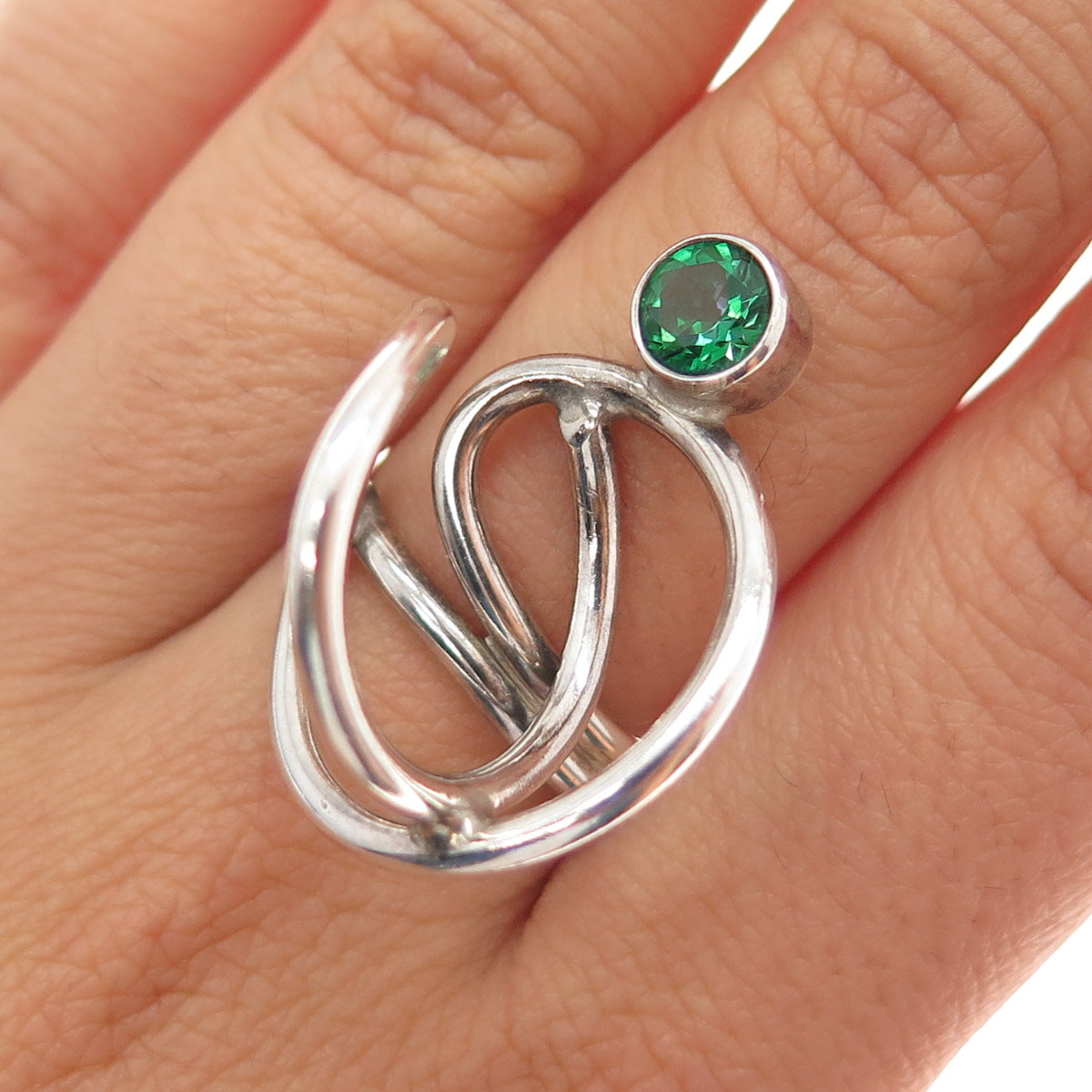 925 Sterling Silver Vintage Real Green Topaz Modernist Ring Size 8.5