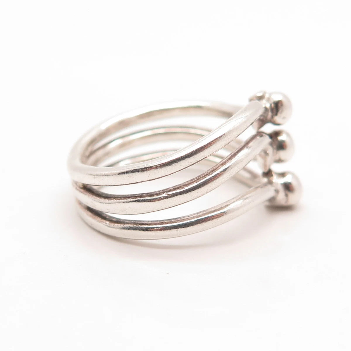 925 Sterling Silver Vintage Ball 3-Row Ring Size 8