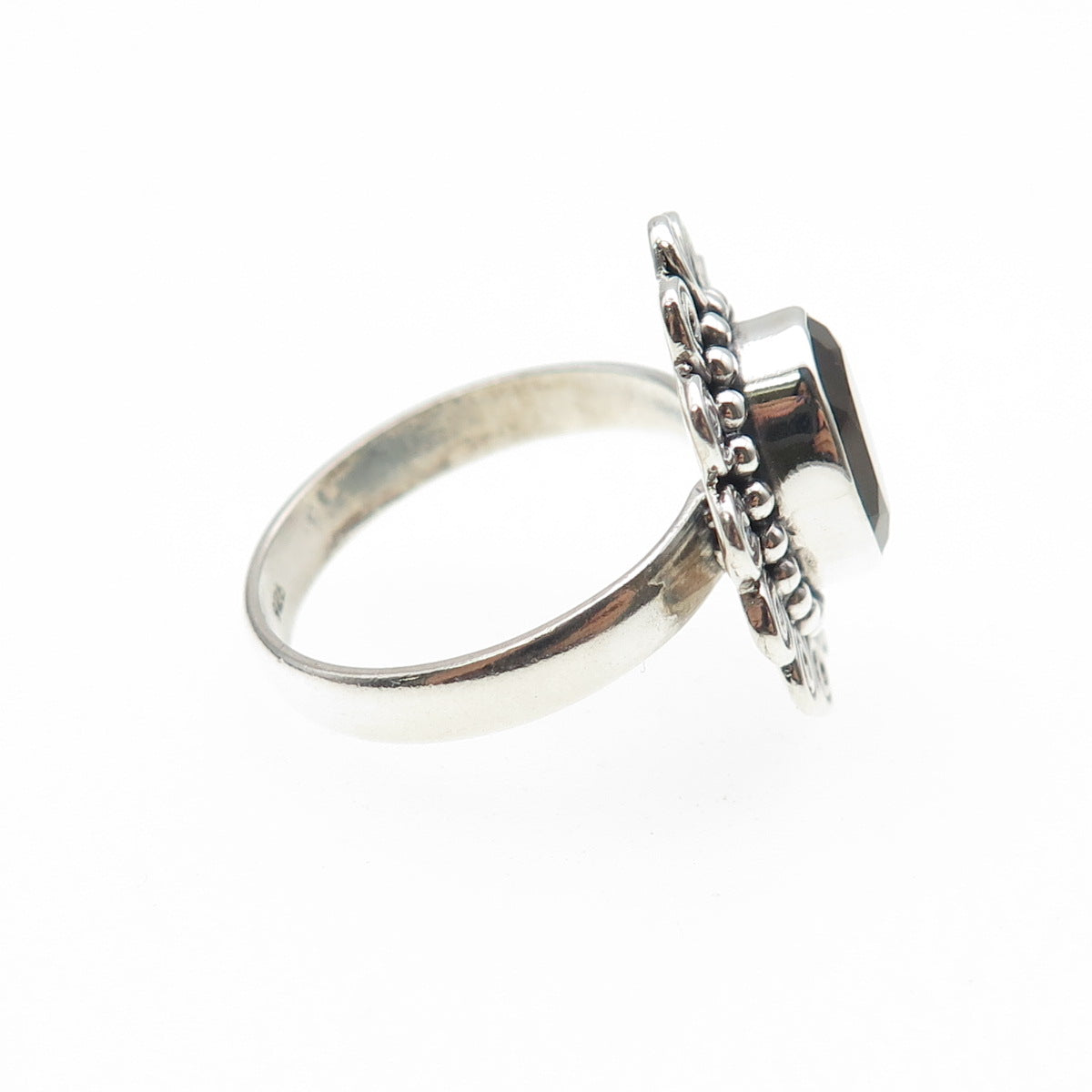 925 Sterling Silver Vintage Real Smoky Quartz Spiral Oxidized Ring Size 7.5