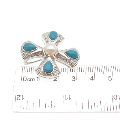 925 Sterling Silver Real Pearl & Turquoise Cross Slide Pendant