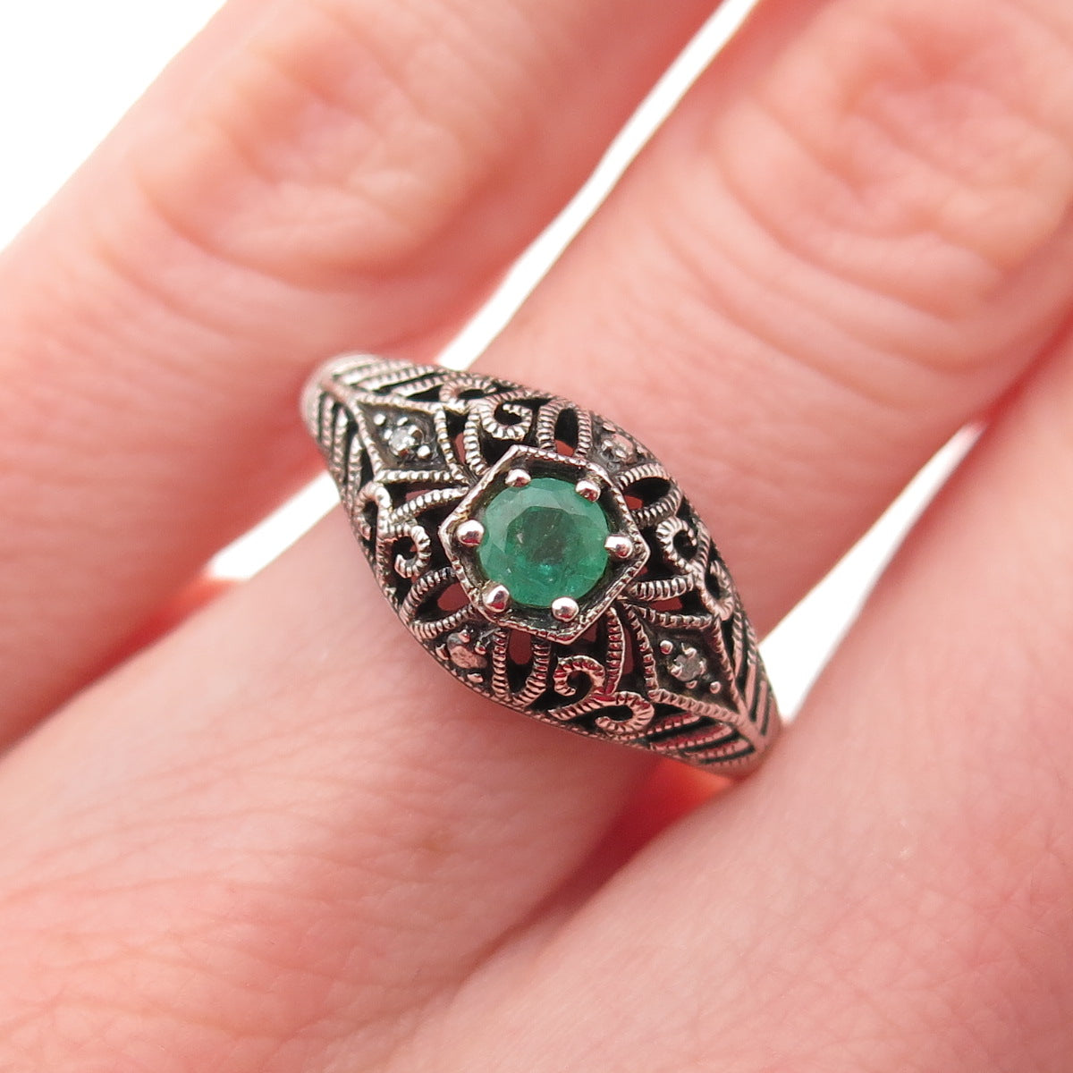 CNA Pranda 925 Sterling Silver Real Diamond & Emerald Oxidized Ring Size 6