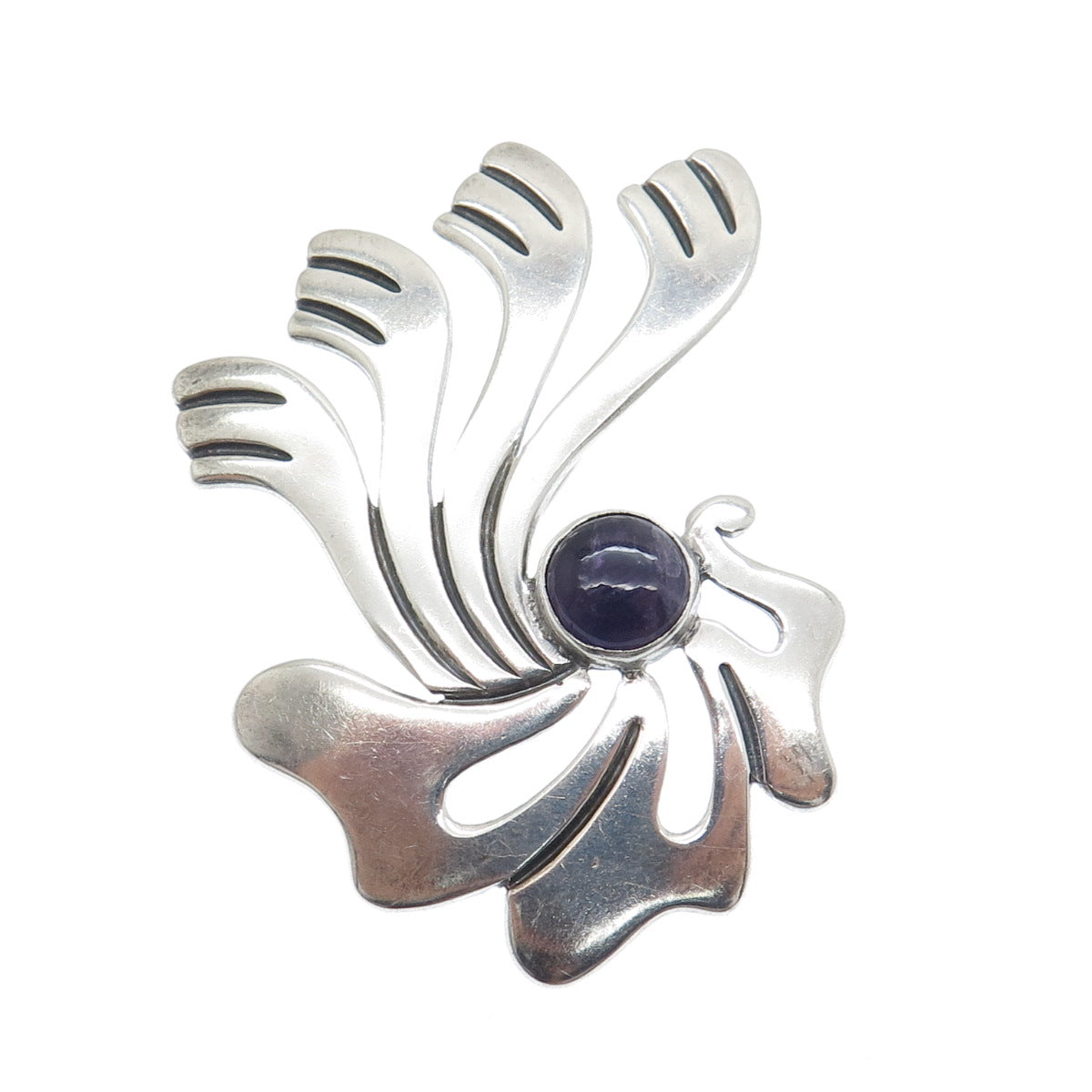 925 Sterling Silver Vintage Mexico Real Amethyst Modernist Pin Brooch