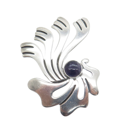 925 Sterling Silver Vintage Mexico Real Amethyst Modernist Pin Brooch