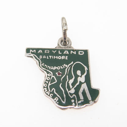 925 Sterling Silver Vintage Enamel Maryland State Map Minimalist Charm Pendant