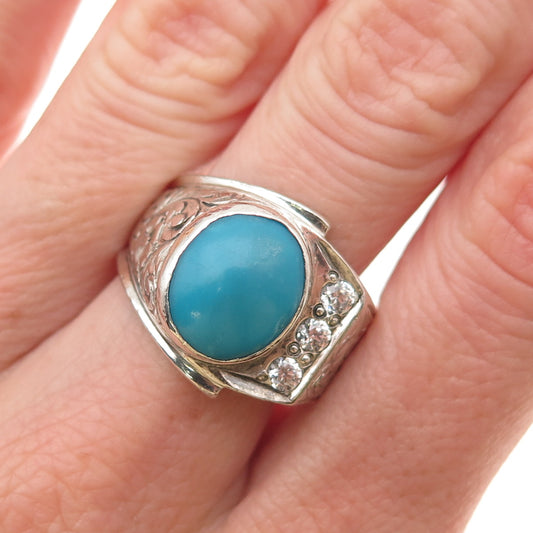 925 Sterling Silver Vintage Real Turquoise & C Z Floral Oxidized Ring Size 9.75