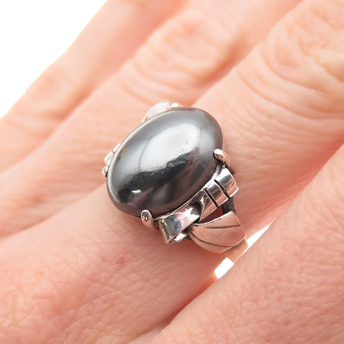 925 Sterling Silver Antique Art Deco Real Hematite Oxidized Ring Size 6.25