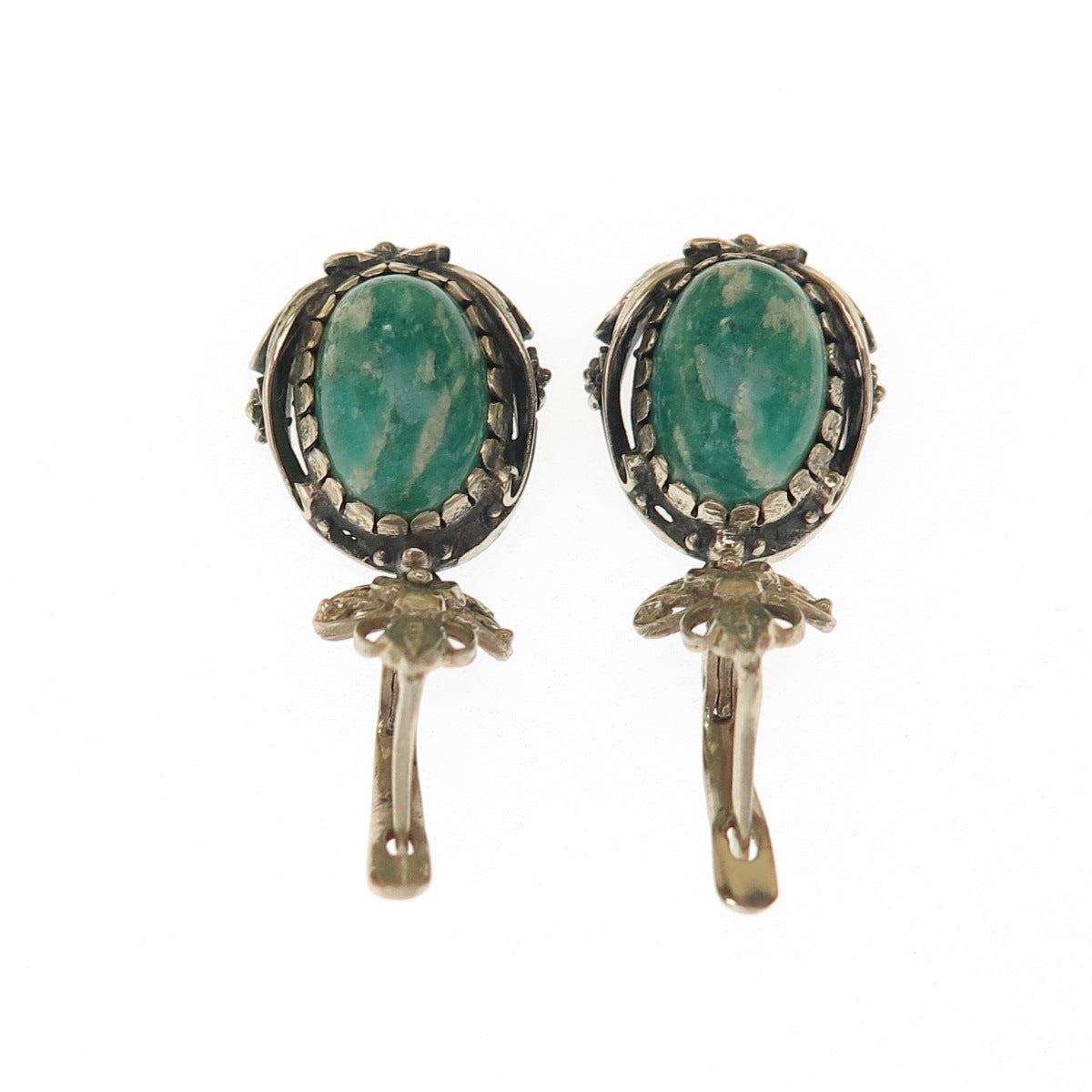 Silver-Tone Vintage Real Cabochon Amazonite Floral Oxidized Dangle Earrings