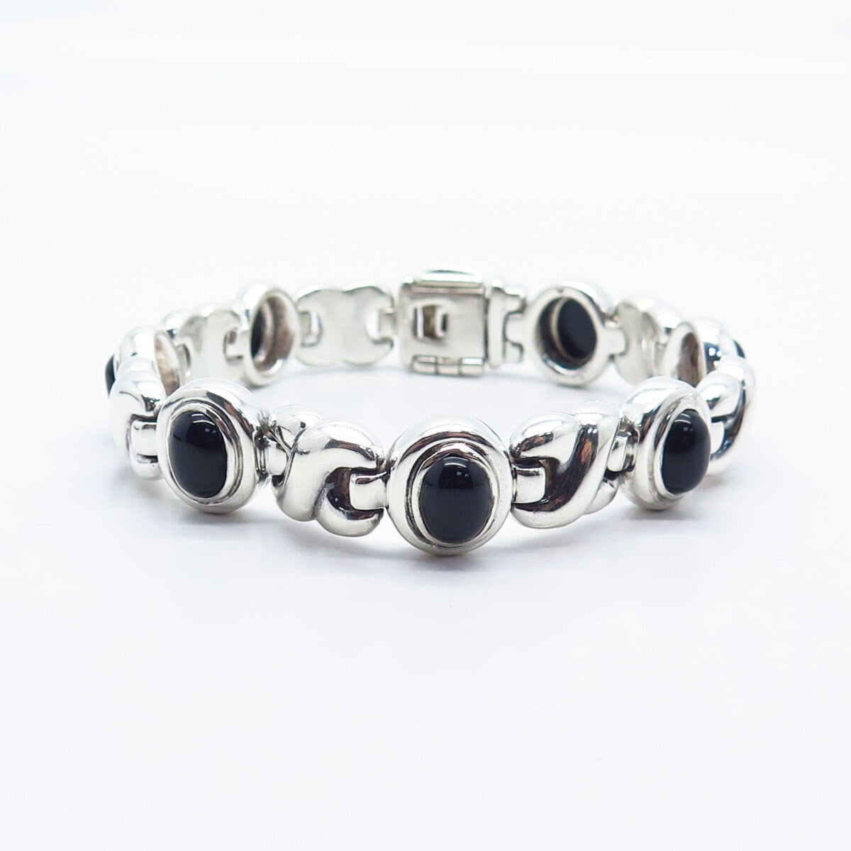 925 Sterling Silver Vintage Italy Real Black Onyx Gem XO Link Bracelet 7.75"