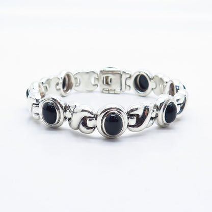 925 Sterling Silver Vintage Italy Real Black Onyx Gem XO Link Bracelet 7.75"
