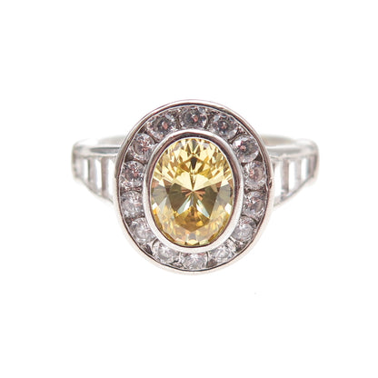 925 Sterling Silver Canary & White C Z Ring Size 7.25