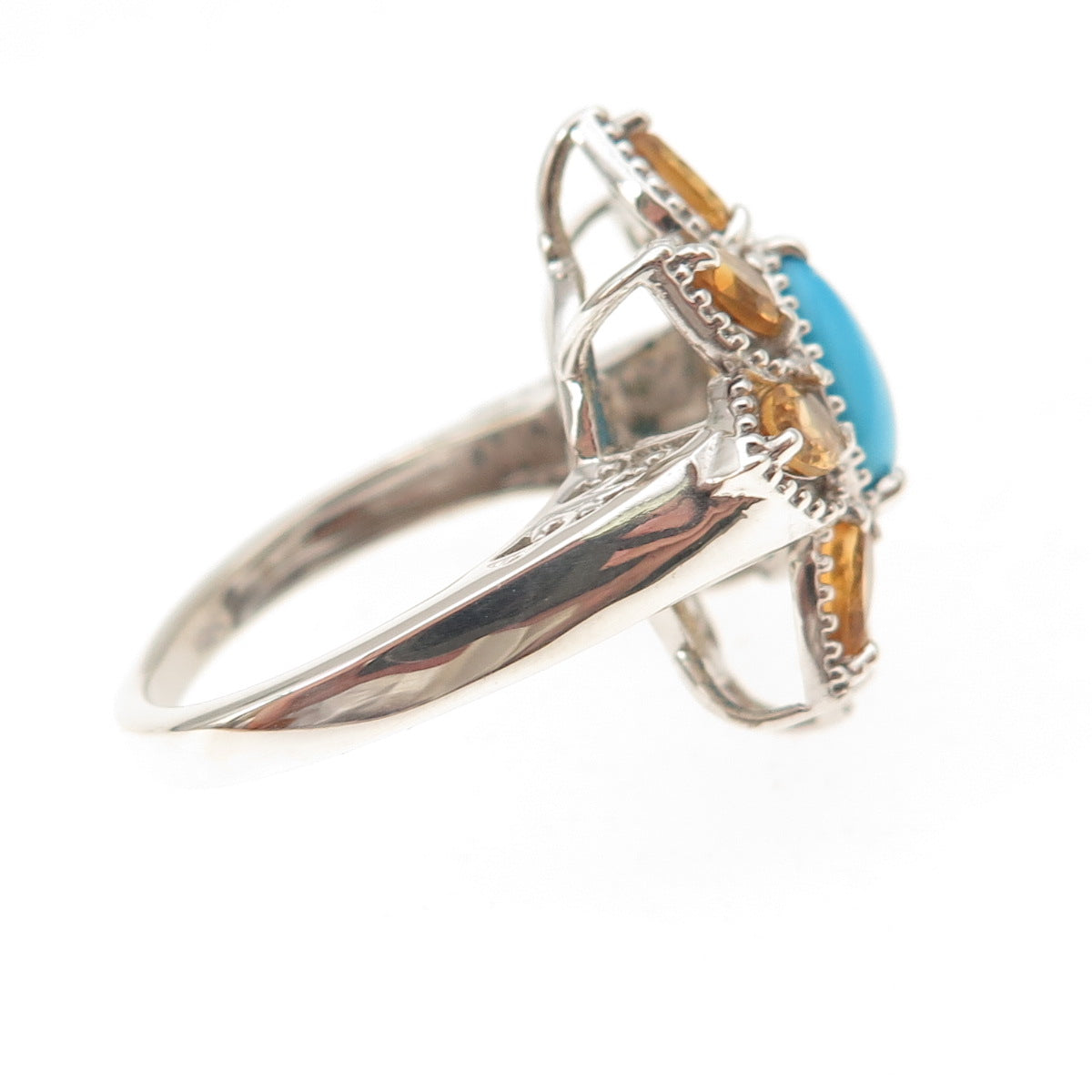 Chuck Clemency 925 Sterling Silver Real Turquoise Citrine Floral Ring Size 8.25