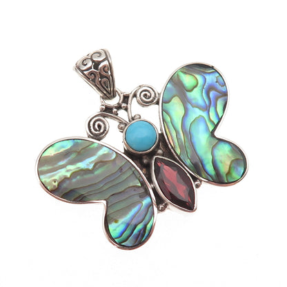 925 Sterling Vintage Real Turquoise Abalone Shell Red Garnet Butterfly Pendant