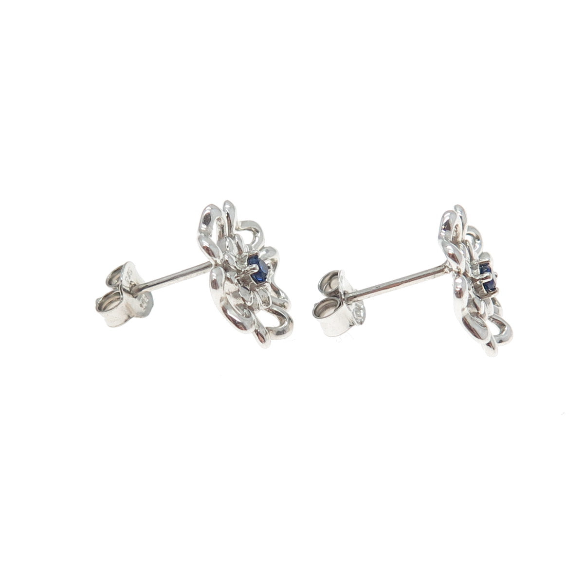 925 Sterling Silver Real Round-Cut Sapphire Flower Stud Earrings