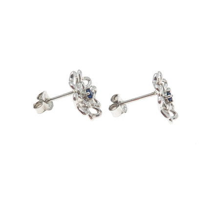 925 Sterling Silver Real Round-Cut Sapphire Flower Stud Earrings