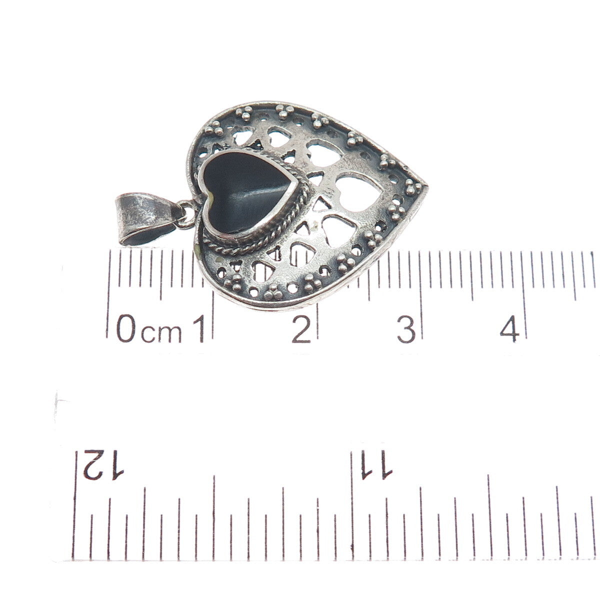 BOMA 925 Sterling Silver Vintage Black Onyx Gem Heart Cutout Oxidized Pendant