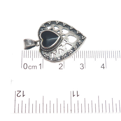 BOMA 925 Sterling Silver Vintage Black Onyx Gem Heart Cutout Oxidized Pendant