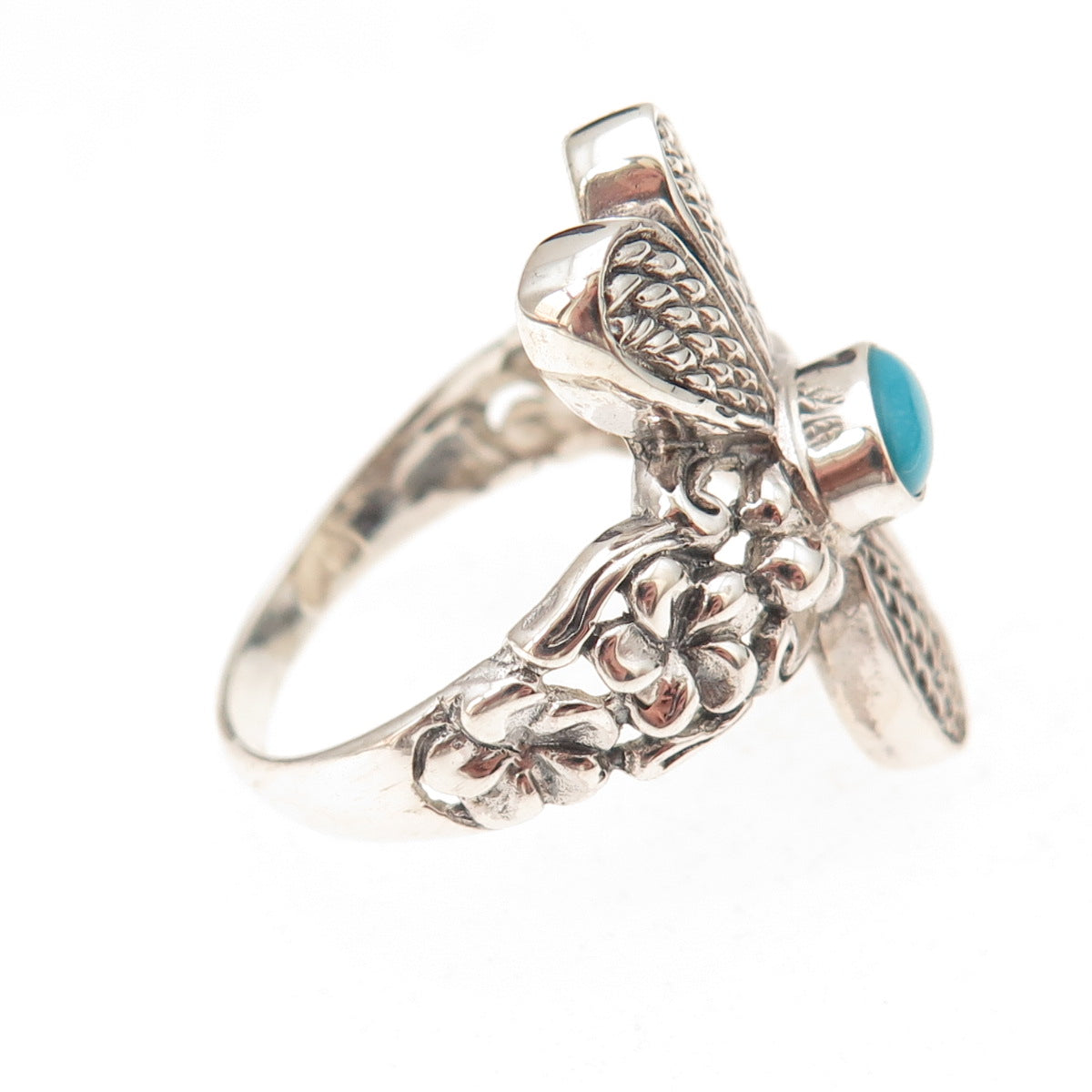 925 Sterling Silver Vintage Real Turquoise Dragonfly Oxidized Ring Size 9.25