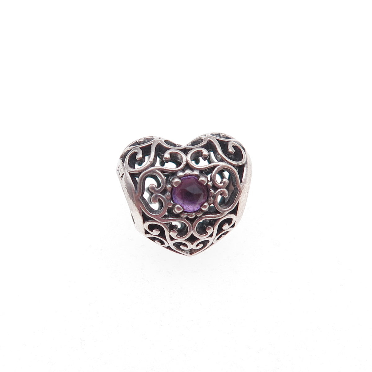 Pandora Sterling Silver Real Amethyst February Signature Heart Slide Bead Charm