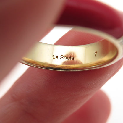 La Soula 925 Sterling Silver Gold Plated Enamel Real Diamond Band Ring Size 7.25