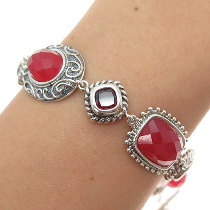925 Sterling Silver Vintage Real Cherry Quartz & Red Garnet Bracelet 6-7.25"