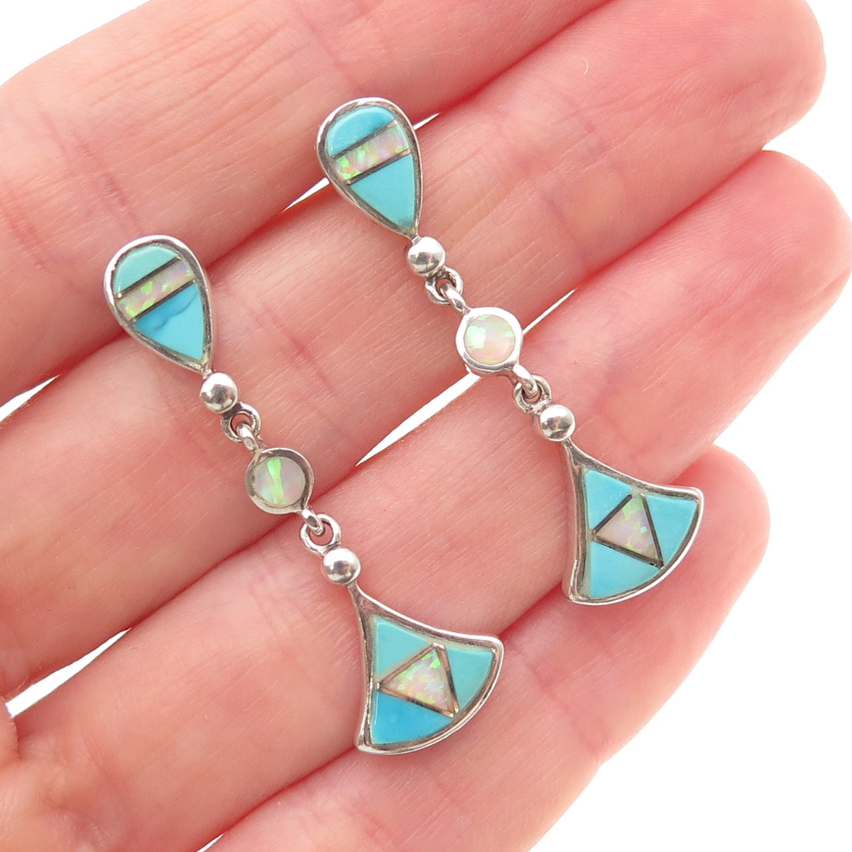 Old Pawn 925 Sterling Silver Vintage Turquoise & Opal Tribal Dangle Earrings