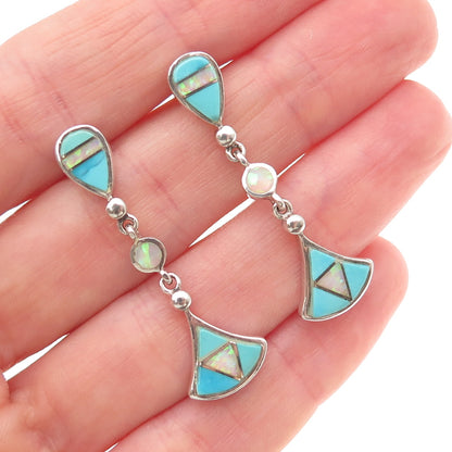 Old Pawn 925 Sterling Silver Vintage Turquoise & Opal Tribal Dangle Earrings