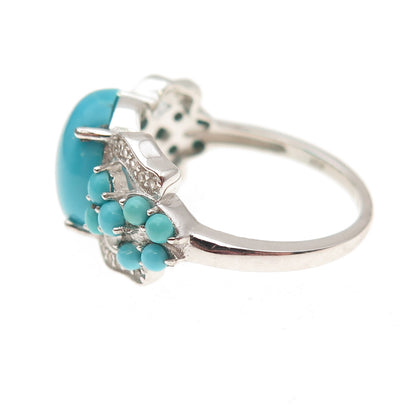 925 Sterling Silver Real Sleeping Beauty Turquoise & White Topaz Ring Size 8
