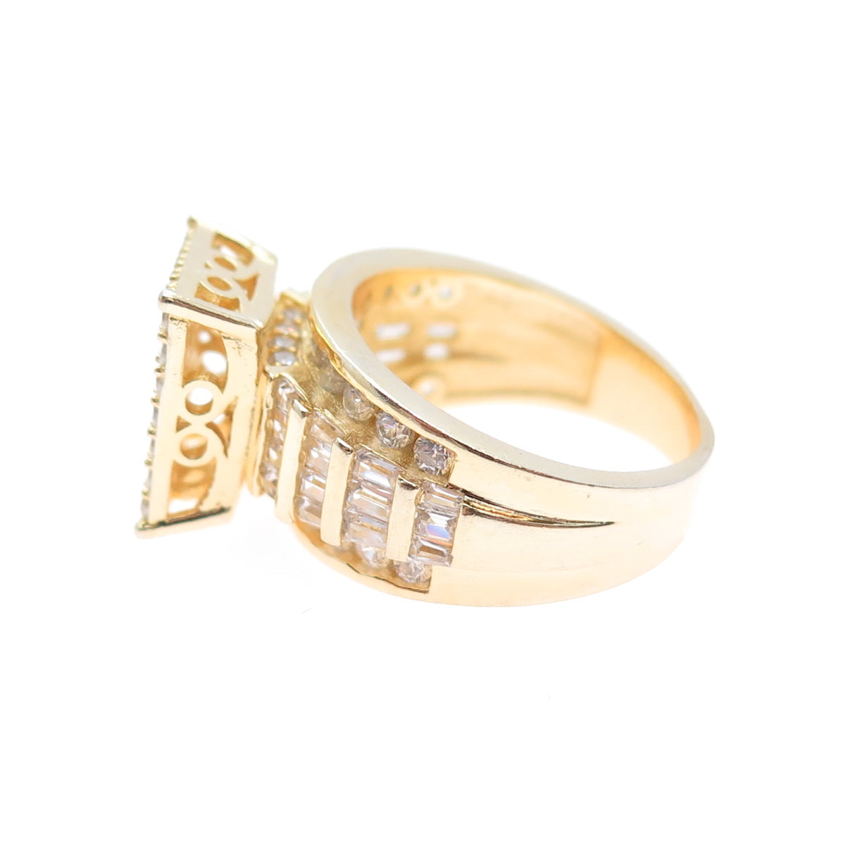925 Sterling Silver Gold Plated Round & Tapered Baguette-Cut C Z Ring Size 6.5