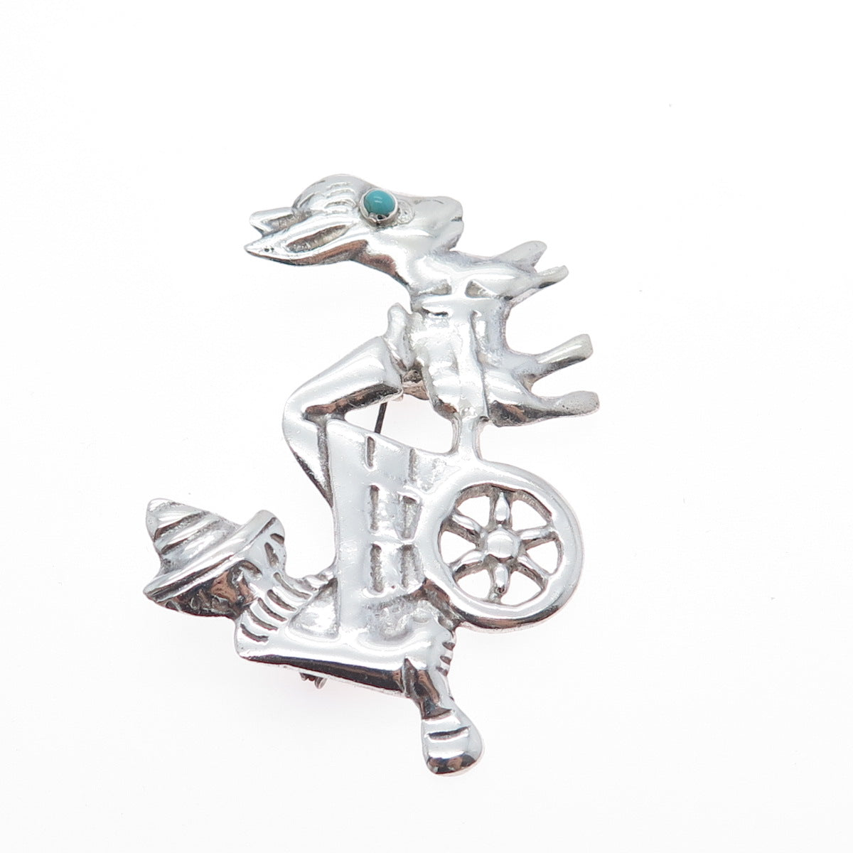 925 Sterling Silver Vintage Mexico Turquoise Sombrero Donkey Cart Pin Brooch
