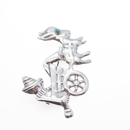 925 Sterling Silver Vintage Mexico Turquoise Sombrero Donkey Cart Pin Brooch