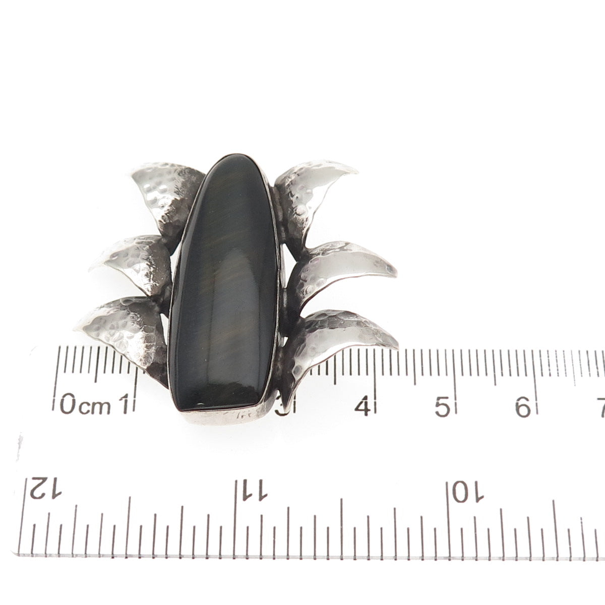 925 Sterling Silver Vintage Real Black Tiger Eye Modernist Hammered Pin Brooch