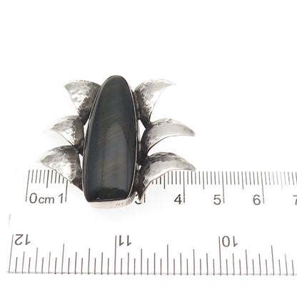 925 Sterling Silver Vintage Real Black Tiger Eye Modernist Hammered Pin Brooch