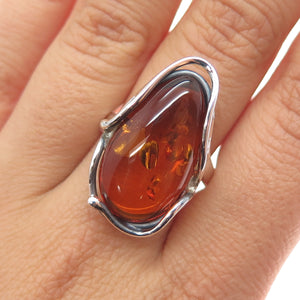 925 Sterling Silver Vintage Real Amber Modernist Adjustable Ring Size 8.75