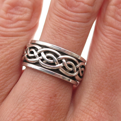 925 Sterling Silver Vintage Celtic Woven Oxidized Rotating Band Ring Size 7.25