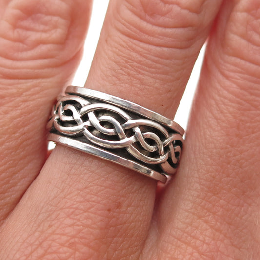 925 Sterling Silver Vintage Celtic Woven Oxidized Rotating Band Ring Size 7.25