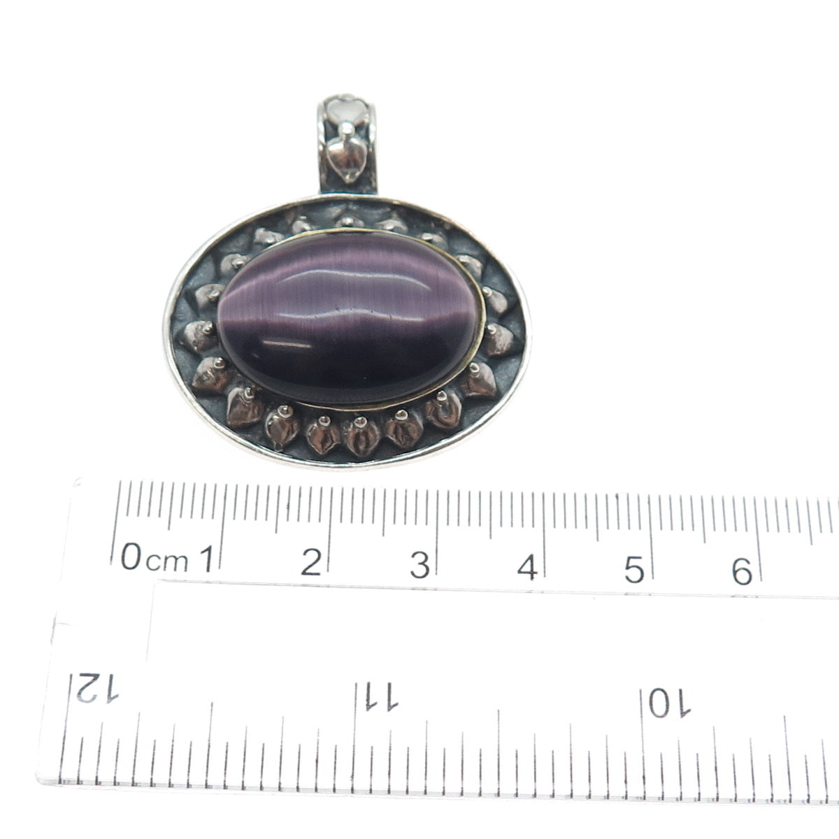 925 Sterling Silver Vintage Real Cabochon Purple Tiger Eye Sun Oxidized Pendant