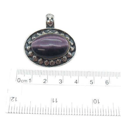 925 Sterling Silver Vintage Real Cabochon Purple Tiger Eye Sun Oxidized Pendant