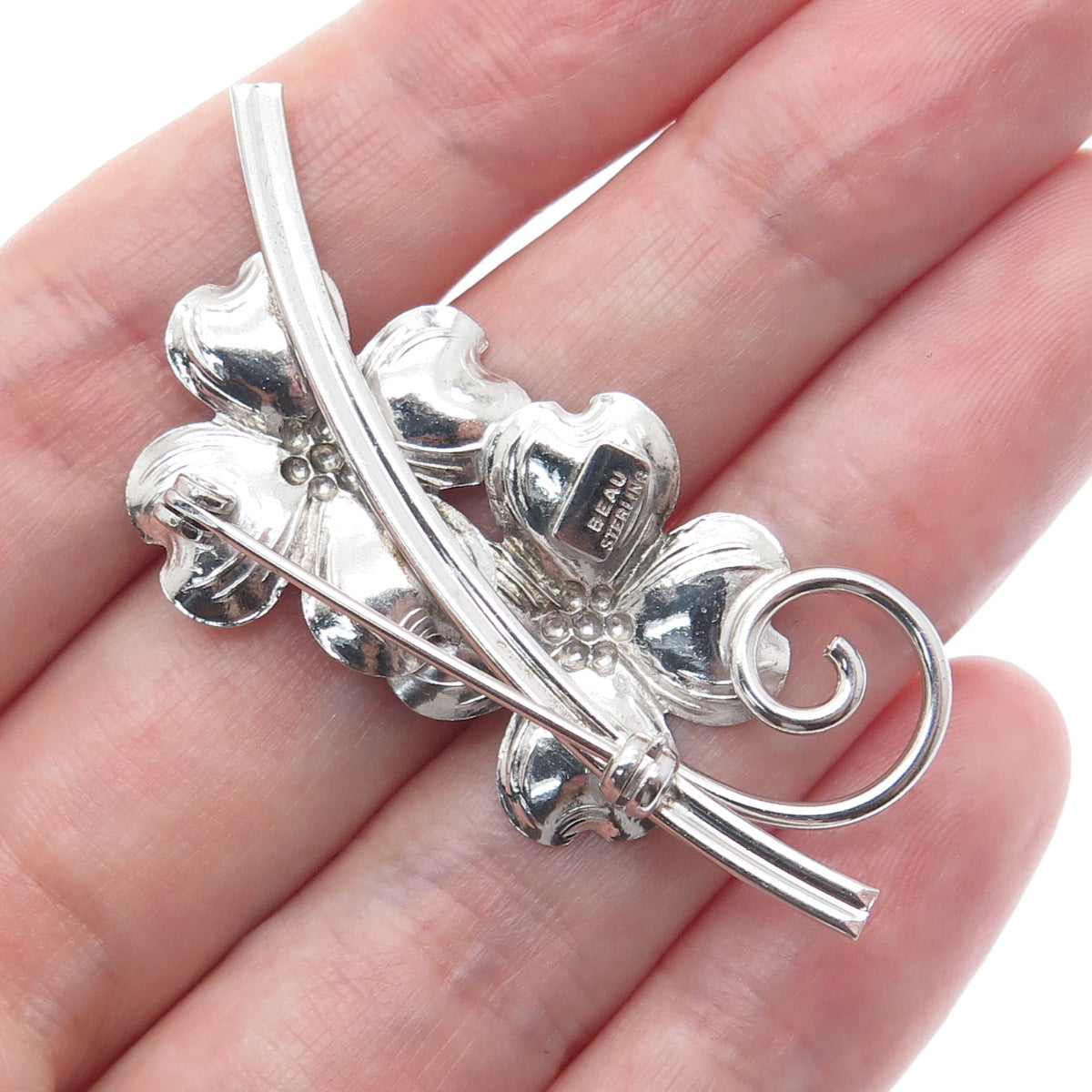 BEAU 925 Sterling Silver Vintage Dogwood Flower Pin Brooch