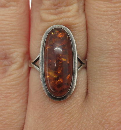 830 Silver Vintage European Real Amber Oxidized Ring Size 5.5