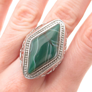 Ken Crafts 925 Sterling Silver Real Green Agate Floral Scroll Ring Size 9.75