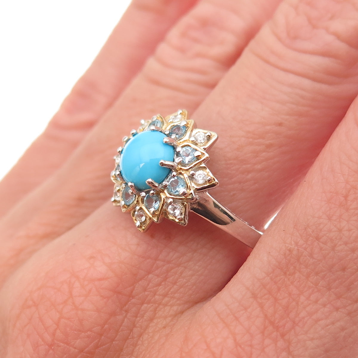 Chuck Clemency Sterling 2-Tone Real Turquoise Blue & White Topaz Ring Size 8.25