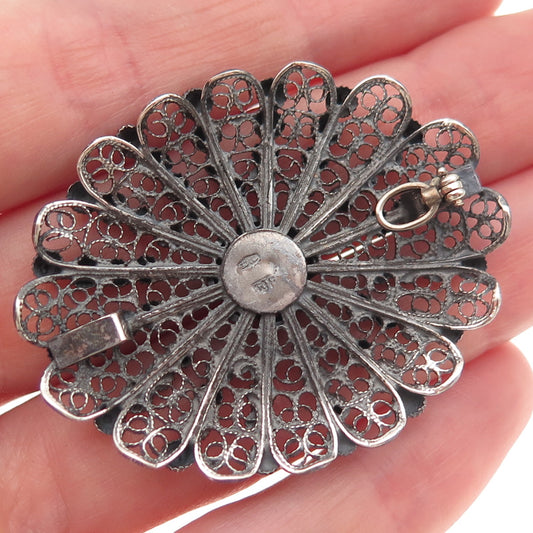 800 Silver Antique Art Deco Italy Floral Filigree Beaded Oxidized Pendant