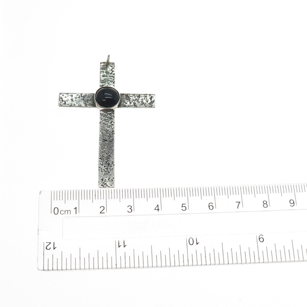 925 Sterling Silver Vintage Real Black Onyx Nugget Cross Oxidized Pendant