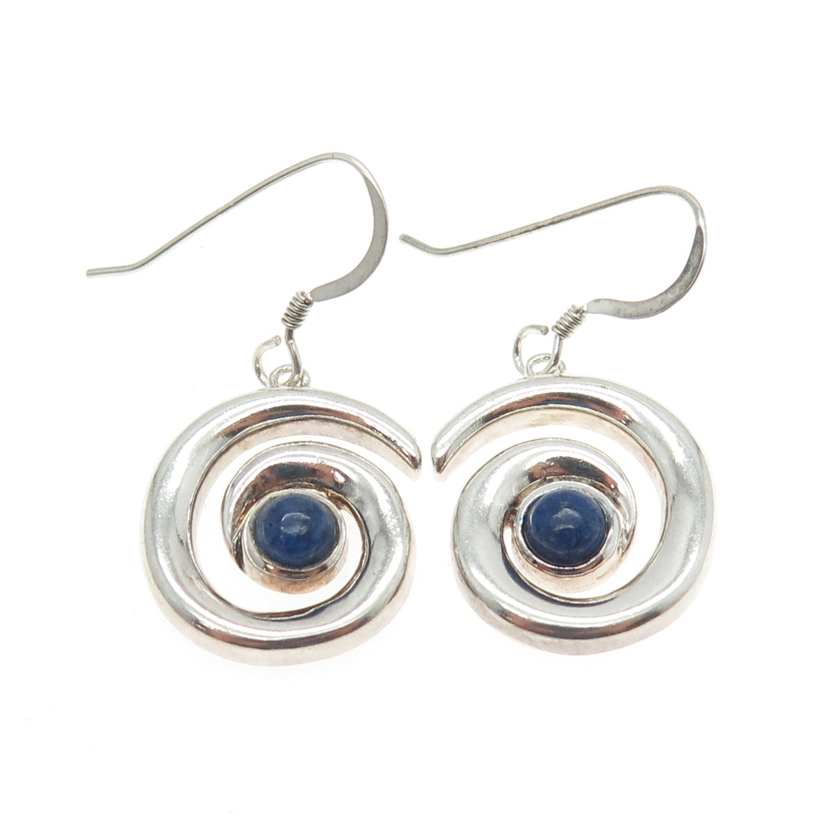 925 Sterling Silver Vintage Real Lapis Lazuli Gemstone Spiral Dangle Earrings