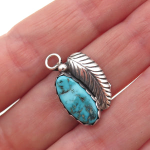 Old Pawn Sterling Silver Vintage Southwestern Turquoise Feather Charm Pendant