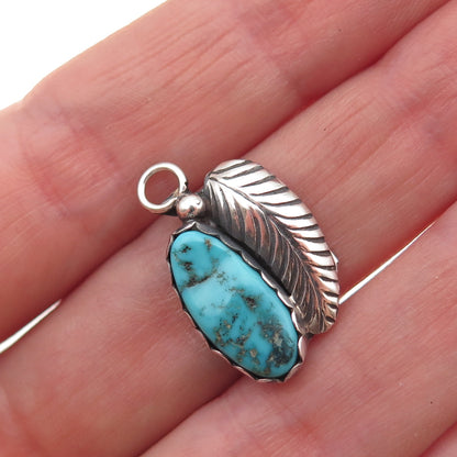 Old Pawn Sterling Silver Vintage Southwestern Turquoise Feather Charm Pendant